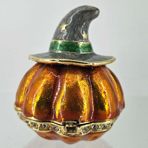 Enameled Halloween Jack O' Lantern in witch hat hinged Trinket Box Rhinestones - Picture 3 of 5