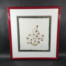 Vintage Pressed Flower Leaf Art Signed Hand Made Paper Framed Matted 19x17 #2