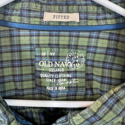 Old Navy Fitted Plaid Button Down Long Sleeve Green Blue Shirt Sz XXL - Picture 4 of 9