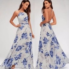 NEW Lulus All I Need Floral Print Lace-Up Maxi Dress in Grey Small Wedding