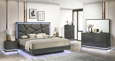 NEW 5PC Modern Italian LED Queen King Gloss Gray Contemporary Bedroom B/D/M/N/C