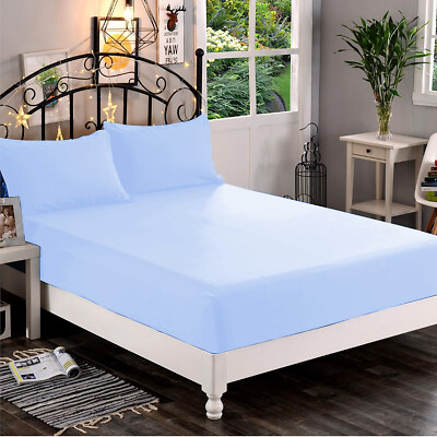 1200 TC EGYPTIAN COTTON FITTED SHEET+2 PILLOW CASE- 8 TO 30 INCH SKY BLUE SOLID