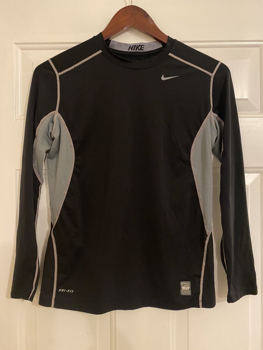 Nike Pro Dri-Fit Boys Large Fitted Long Sleeve Black Gray Pro Combat Shirt