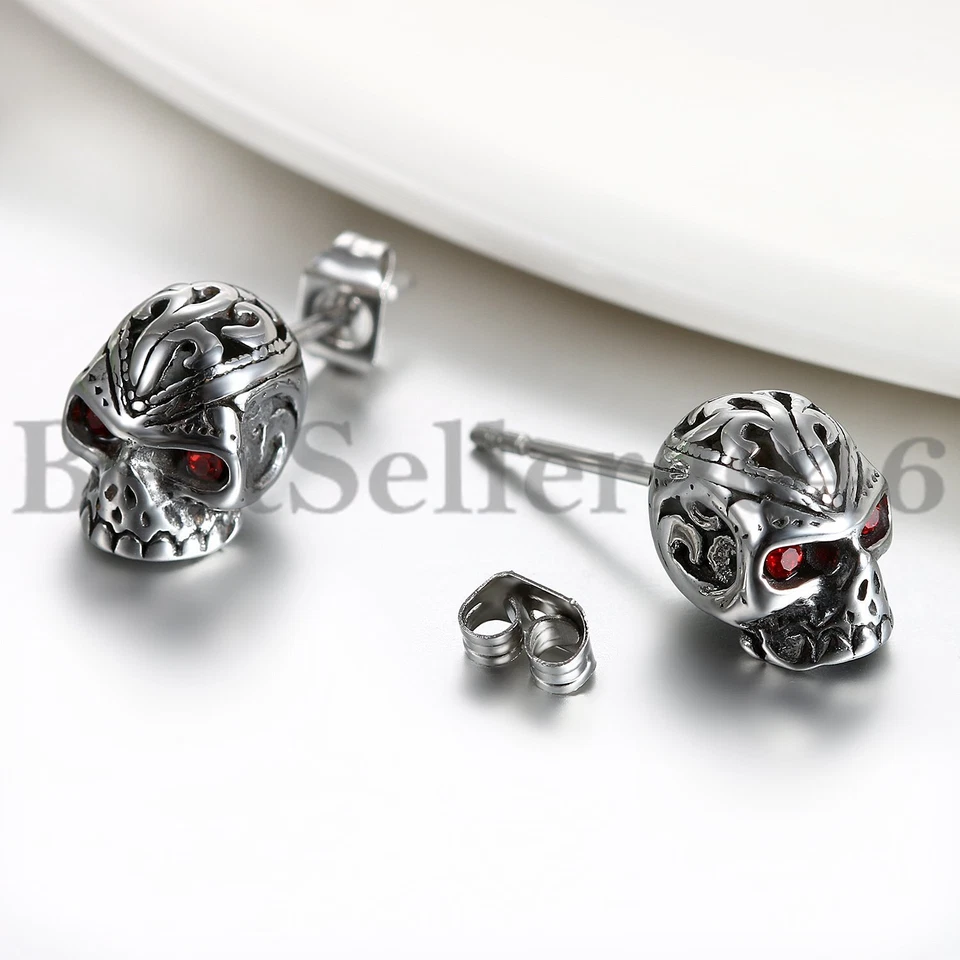 Pendientes de oreja esqueleto cabeza calavera gótica punk rock de acero inoxidable para hombre 2 piezas Foto 3 de 4