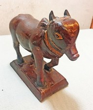 Old Original Collectible Wooden Hand Carved and Painted Cow Figurine