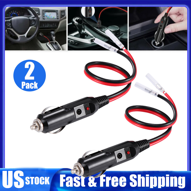 2Pcs Fused Male Car Cigarette Lighter Socket Plug Connector Cable Leads 12V~24V
