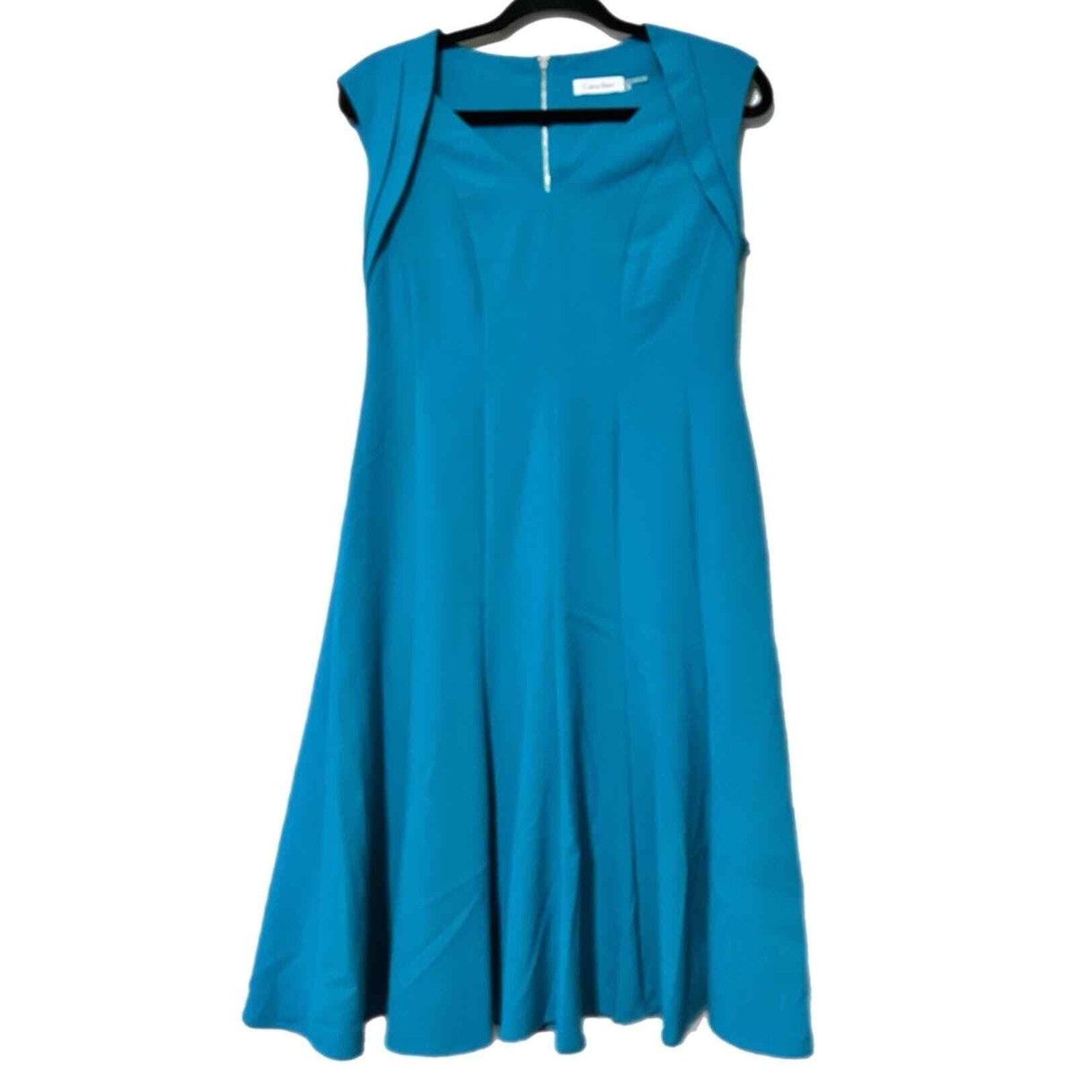 Calvin Klein womens size 6 teal aqua a-line midi dress sleeveless lined  zips