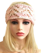 White Pink Headband Ear Warmer New Hand Knitted Lace Pattern