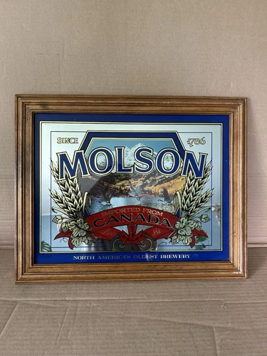 Molson Canada Beer & Ale Vintage Wood Framed Mirror Old Sign 20x16” Bar Geese