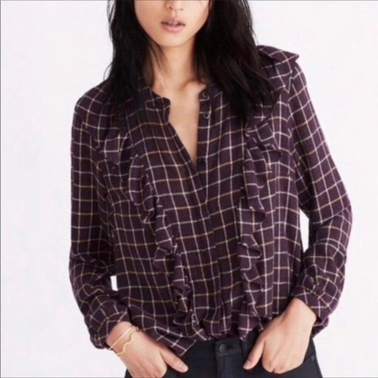 Madewell Womens Button Down Shirt M Plum Metallic Plaid Ruffle Front Long Sleeve