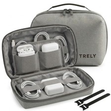 Tech Pouch  Travel Organizer, Electronics Case, 2 Cable Straps, Grey