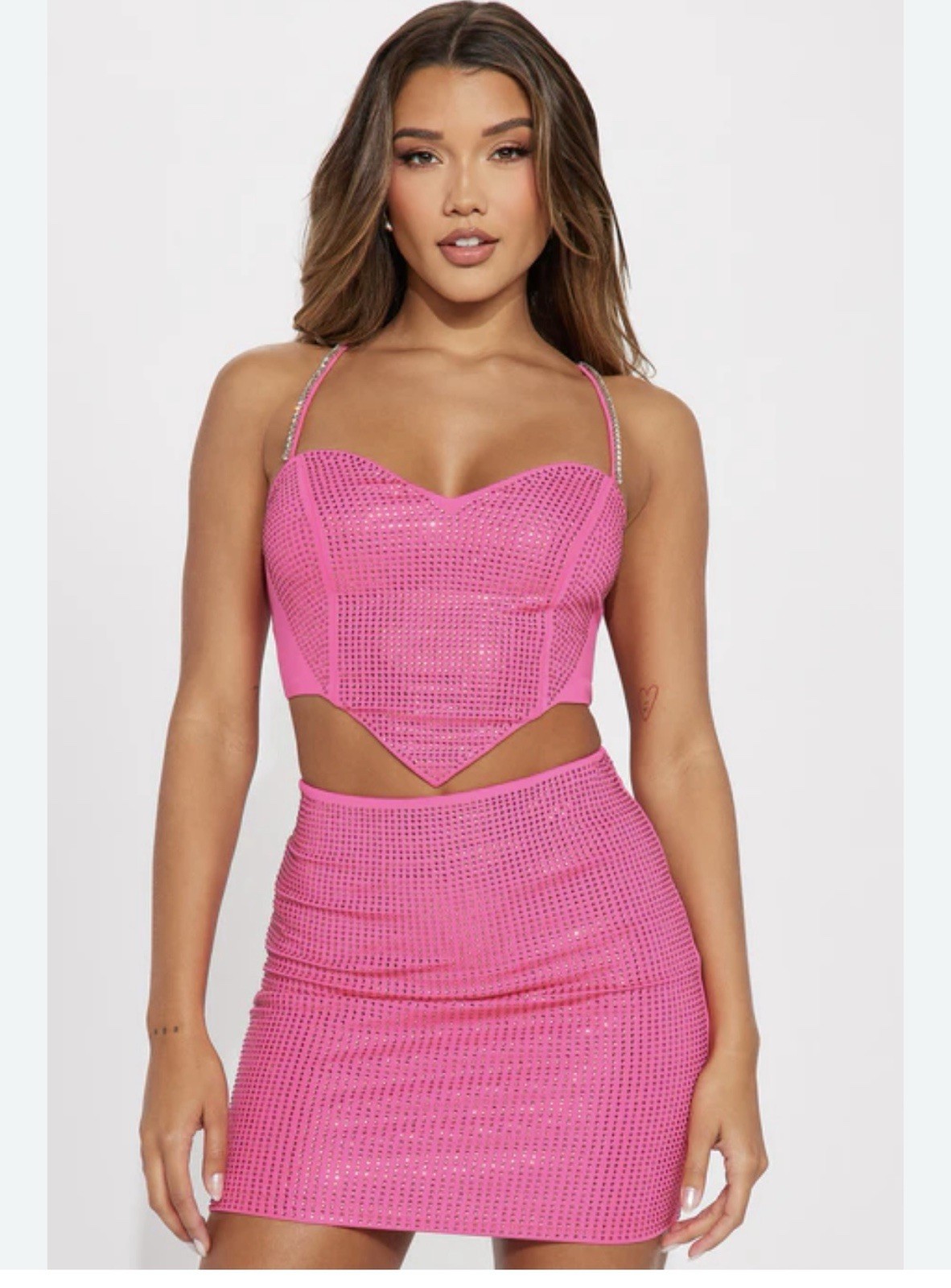 FashionNova Hot Pink Rhinestoned Two Piece Set Size Large
