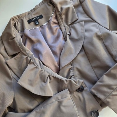 Sandro Studio Women's Taupe Ruffle Collar Belted Trench Coat Size L
