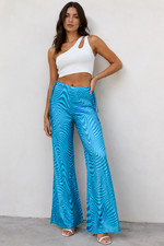 NWT Zara Blue Swirl Satin Flare Pants Side Tie Wide Leg Disco Size Large