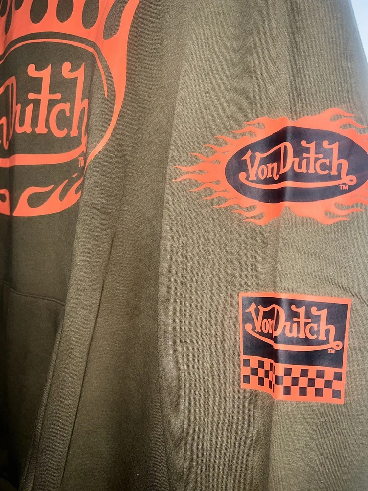 Von Dutch 连帽衫男式橄榄绿色橙色火焰全新带标签尺寸 XL(裤子尺寸 L) — 第 4/4 张图片