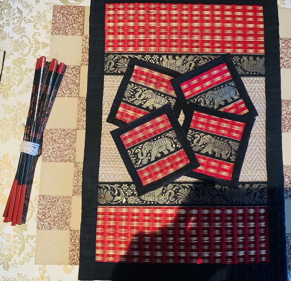 Traditional Thai Elephant Dining Set –1 Placemat, 4 Coasters, 4 Sets Chopsticks - Image 3 of 4