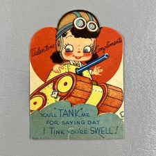 Vintage Valentine Greeting Card WWII Era Die Cut Girl Military Tank USA 3.75"