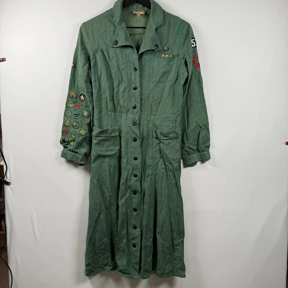 复古 1940 年代女童子军长袖礼服补丁帽子/贝雷帽腰带围巾袜 — 第 2/4 张图片