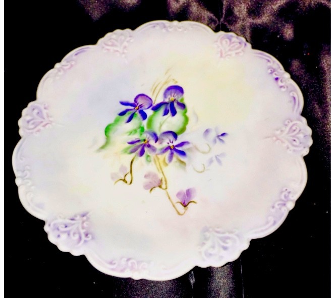 Victorian Hand Painted Violet China Plate Compote Pedestal Footed Dish 19th Cent