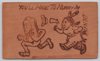 Denver Colorado You'll Have To Hurry In Caricature Chase Scene Leather Postcard