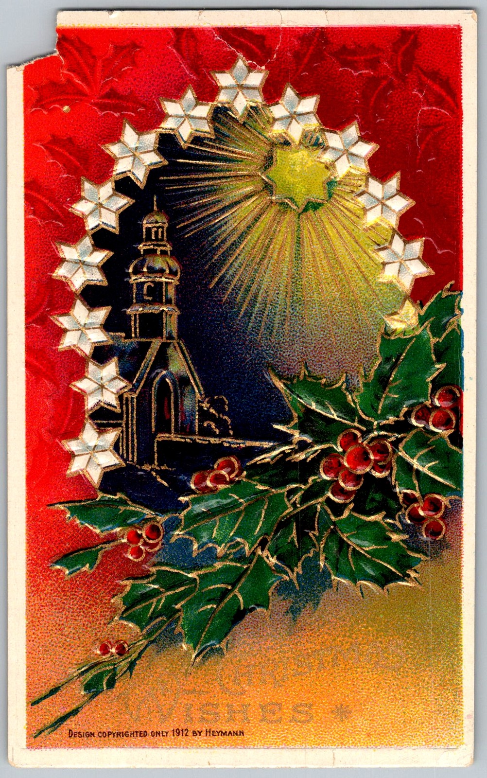 Antique Postcard Christmas Star Holly Church DE 1910s