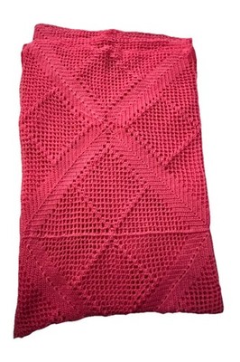 VTG Hand Crocheted Lace Throw Blanket Pink Cotton Thread Openwork 68x52 Handmade