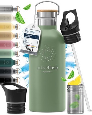 BeMaxx Trinkflasche Edelstahl ACTIVE FLASK Sage Bamboo-Verschluss 950ml