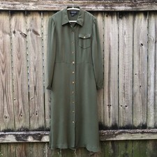 Cynthia Howie Maggy Boutique 100% Silk Midi Shirt Dress Size 10 Army Green