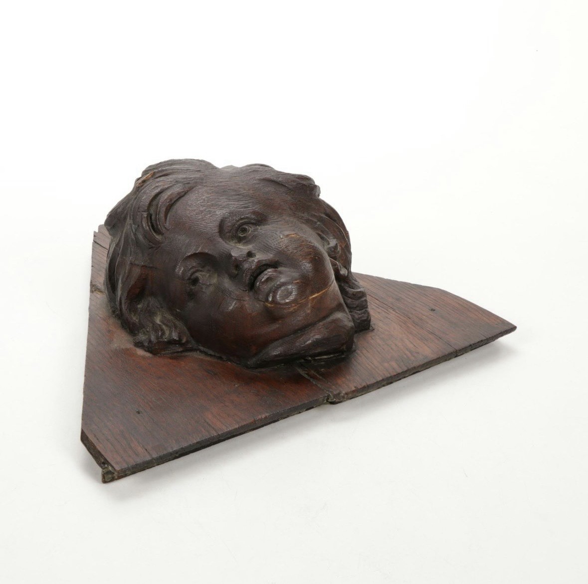 Carved Oak Cherubic Putto Bust Wall Hanging, Early 20th Century, Unique Antique!