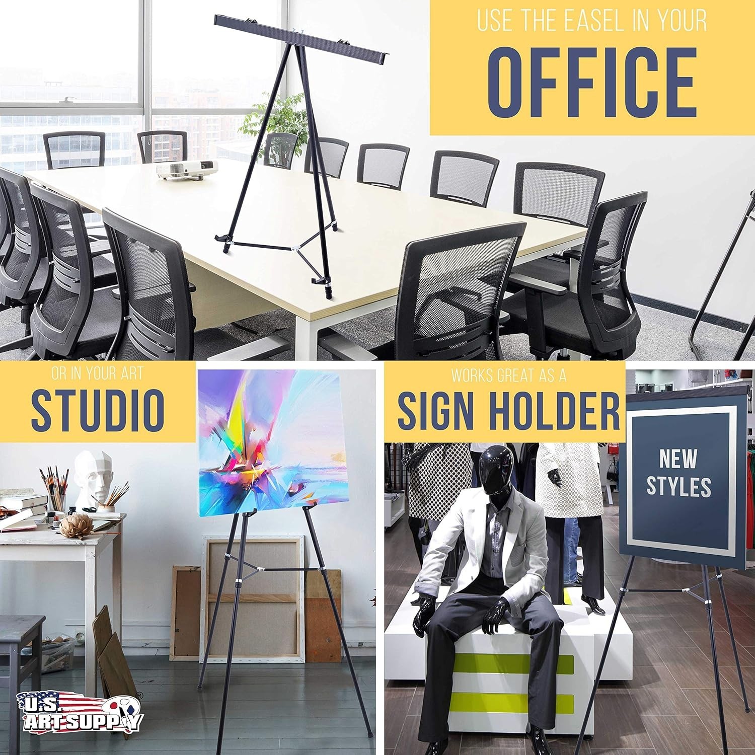 U.S. Art Supply 66" High Boardroom Black Aluminum Flip Chart Easel, Presentation