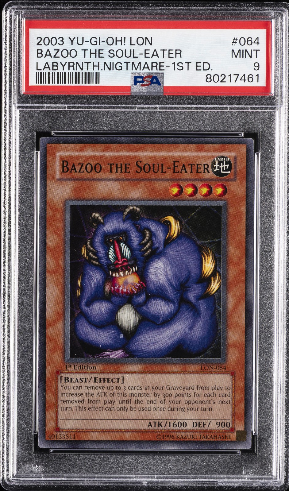 2003 YU-GI-OH! LON-LABYRINTH OF NIGHTMARE 1ST EDITION BAZOO THE SOUL-EATER PSA 9