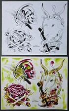 Vintage 2008 Thad Ritchey, Shop Used Neo Traditional Tattoo Flash Sheet, lines
