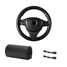 Genuine Leather Steering Wheel Cover, 15 Inch Breathable DIY Full Hole Black