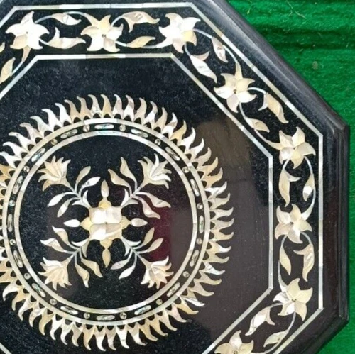 Mesa 100% Original Piedra Incrustación Mármol Negro Diseño Rayos de Sol con Soporte de Madera Foto 4 de 4