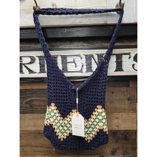 NWT, Urban Originals, Sandy Bag in Navy with Chevron Design in Green/tan/ivory