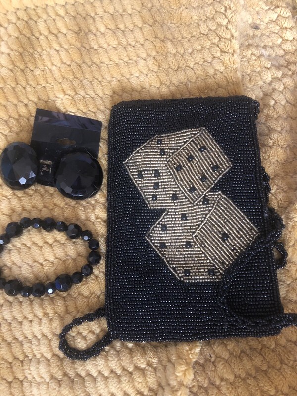 Black Earrings Bracelet And Seed Bead Purse With Dice. Cocktails Or Party Ready