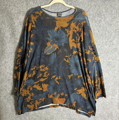 Clara Sun Woo Top Women's Large Blue Brown Floral Asymmetric Hem Tunic Knit
