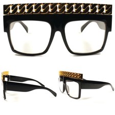 Look Rich Designer Hip Hop Rapper Gold Cuban Link Chain Top Square Clear Glasses