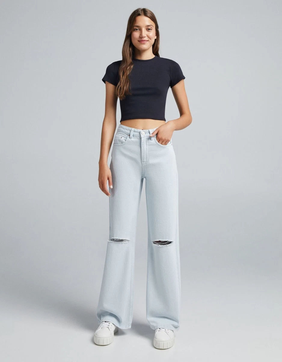 NWT BERSHKA Women 0 2 Wide Leg Light Blue Jeans w Rips Waist 24