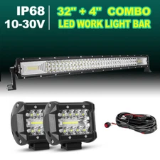 32" inch LED Light Bar Combo Kit + 2x 4'' Spot Flood Pods+ Wiring Off Road Truck