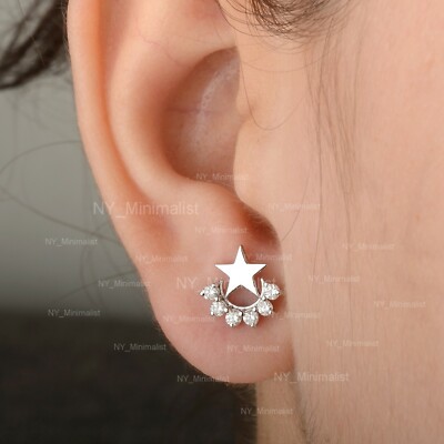 Minimalistische Diamant Mond & Stern Ohrstecker massiv 14K Weißgold feiner Schmuck