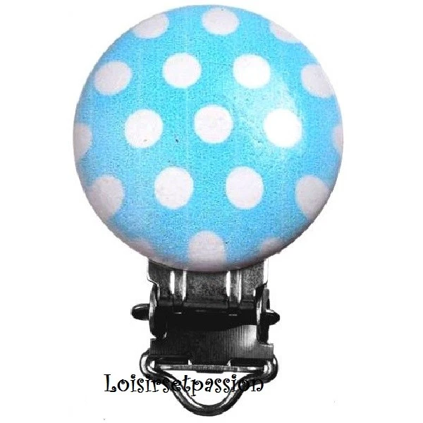 Clip Pince tétine Bois, Bleu Pois Blanc, Attache doudou, passant 10 mm - B09 - Photo 1/3