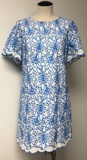 LAUNDRY LOVELY WHITE BLUE EYELET S SLEEVE SHEATH SHIFT DRESS  FULLY LINED SZ 6
