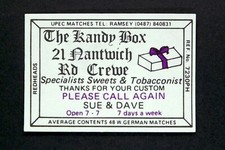 Matchbox label The Kandy Box shop 21 Nantwich Rd Crewe Cheshire MJ903