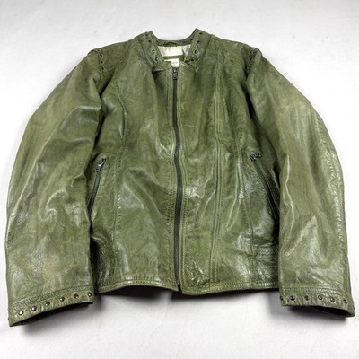 VTG Olive Green Driver Leather Jacket Studded Moto Biker Y2K Zip Up Coat Rare