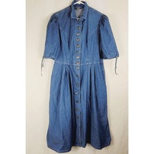 Julius Lang blue denim puff sleeve metal heart button up midi dress XL vintage