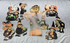 Lot 9 Halloween Witches Witch Ghost Cat Jointed Scarecrow Die Cut Decorations