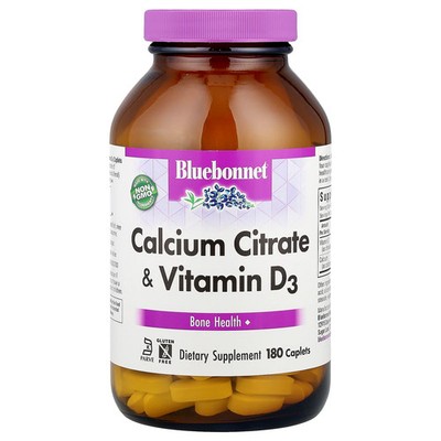 Bluebonnet Nutrition Calcium Citrate Plus Vitamin D3 180 Caplets Egg-Free, Fish