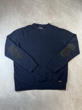 Barbour Sweater Mens L Navy Blue Lambswool Crew Neck Elbow Patch Jumper Country