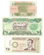 #A0993 Lot of 3 Saddam Hussein Iraq 1/4 & 25 Dinar Banknotes Gulf War Horses